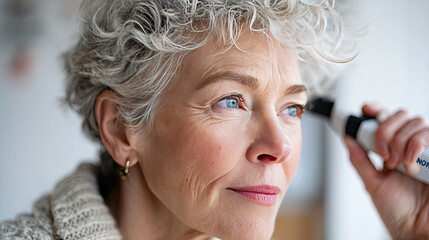 Senior woman measuring blood pressure with device, showing focus and care for her health. soft lighting highlights her features and importance of regular health monitoring