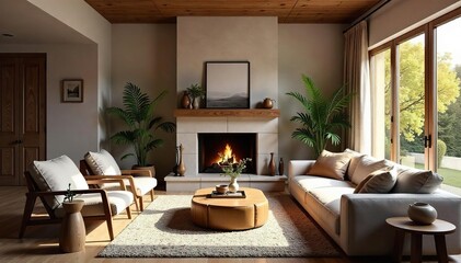 Warm & Inviting Living Room with Fireplace, Perfect for Relaxation and Family Gatherings.  Natural light streams through large windows illuminating a plush sofa and cozy bookshelf.