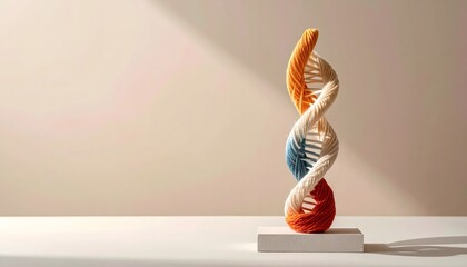 Colorful yarn DNA model on pedestal under studio spotlight