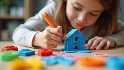 Girl concentrates while making blue house model with 3D pen. Colorful plastic filament extrudes from pen tip, forming structure. Creative child engages in tech craft activity.
