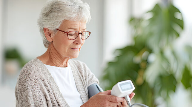 Senior woman measuring blood pressure at home with monitor, showing focus and care for her health. bright environment adds sense of well being