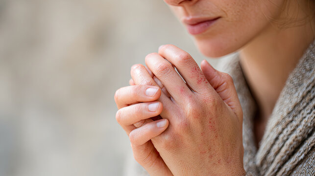 woman with visible skin irritation on her hands is holding them together, expressing discomfort. focus is on her hands and texture of her skin, highlighting impact of allergies