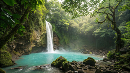 Stunning tropical waterfall plunging into brilliant turquoise pool within verdant rainforest canyon framed by moss-covered trees.
