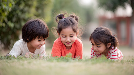 Three preschool children playing on green grass, engaged in joyful activity. Their s show curiosity and happiness as they explore their surroundings together