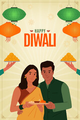Happy Diwali text with an Indian couple celebrating the Diwali festival vector illustration with festive elements 