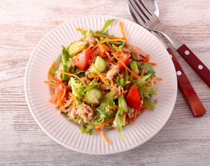 fresh Mixed vegetable tuna salad on plate