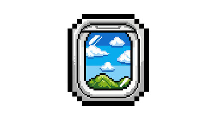 Pixel Art Airplane Window View of Sky Clouds and Green Mountains.
