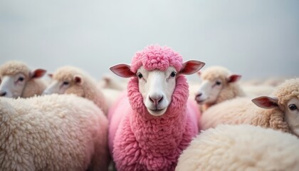 Pink sheep stands out among flock. Animal embraces uniqueness, individuality. Concept for diversity, nonconformity, and creative marketing ideas.