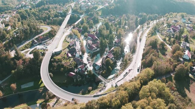 A drone view of the charming and picturesque Rastoke, a district of Slunj, famous for its numerous waterfalls and cascades, as well as numerous mills.