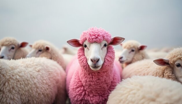 Pink sheep stands out among flock. Animal embraces uniqueness, individuality. Concept for diversity, nonconformity, and creative marketing ideas.