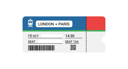Train Ticket for London to Paris Journey with Date and Seat Information.
