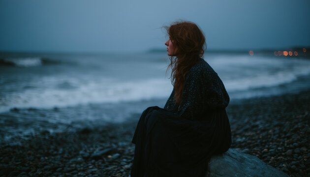 A woman with red hair sits contemplatively on a pebble beach at dusk, surrounded by the calm, moody ocean. - Powered by Adobe