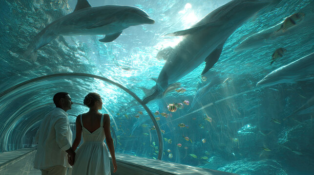couple admires dolphins swimming in large aquarium, surrounded by colorful fish and vibrant underwater life. scene captures moment of wonder and connection