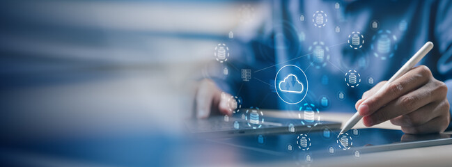 cloud,upload,backup,transfer,storage,progress,sync,data,online, A person using a tablet with cloud data icons, symbolizing online storage, file transfer, and secure backup in digital network systems.