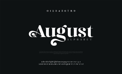 August premium luxury elegant alphabet letters and numbers. Vintage wedding typography classic serif font decorative vintage retro. creative vector illustration