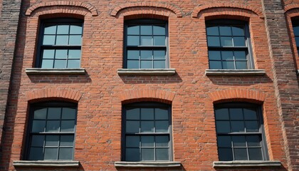 Fototapeta premium Old red brick building facade with multiple windows. Classic architecture shows weathered texture and rustic style. Arched window frames add unique detail to exterior wall.
