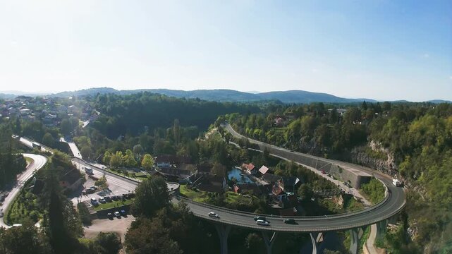 A drone view of the charming and picturesque Rastoke, a district of Slunj, famous for its numerous waterfalls and cascades, as well as numerous mills.