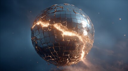Reflective globe with cracks emitting light, floating in a moody environment, highlighting contrasts of brightness and darkness, representing transformation and resilience