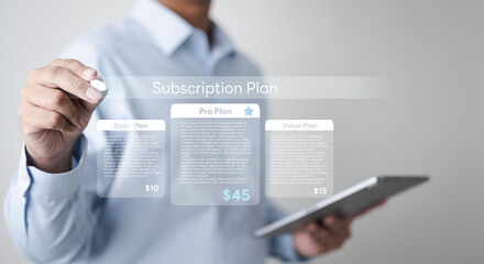 subscription, management, recurring, billing, A person managing digital subscription plans on a virtual interface, representing recurring billing, finance management, and service automation.