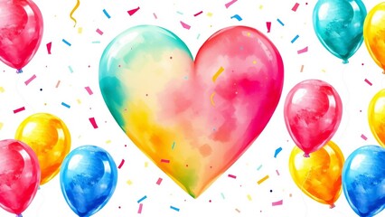 Festive watercolor heart and colorful balloons surrounded by confetti, bright and joyful celebration design.