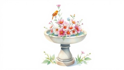 Delicate watercolor illustration of a stone birdbath filled with blue water and colorful blooming flowers.