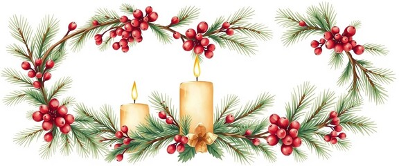 Watercolor Christmas wreath with pine branches, red berries and glowing candles, elegant festive holiday illustration.
