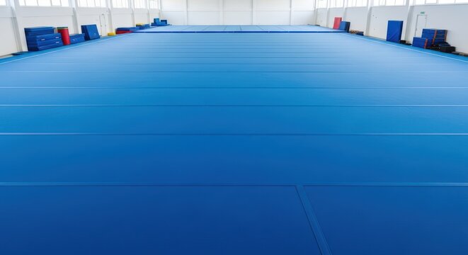 Empty gymnastics training facility with blue mats in spacious indoor arena