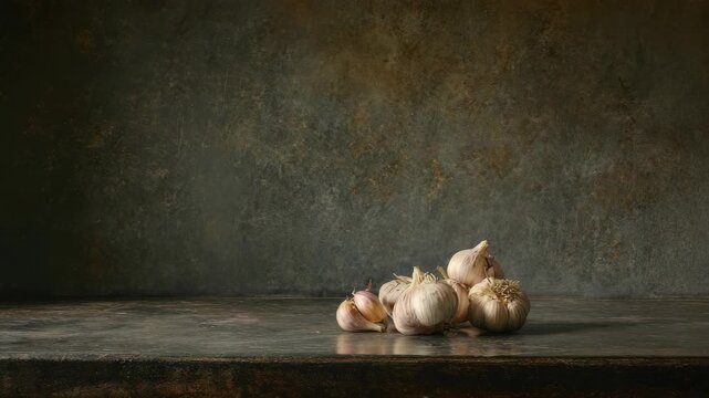 A Still Life Composition of Fresh Garlic Bulbs Arranged Artistically on a Dark Textured Surface with Moody Dramatic Lighting