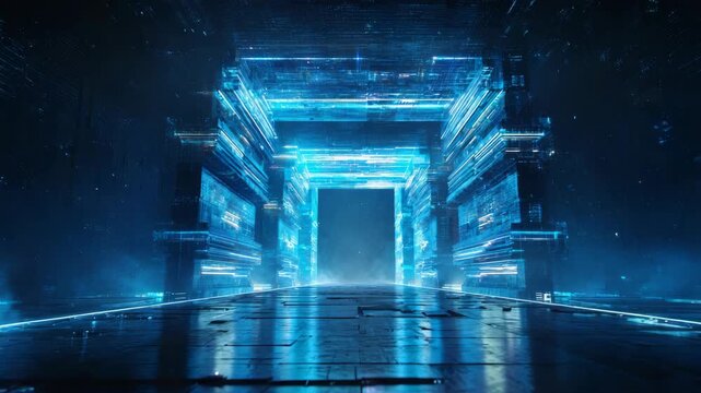 Abstract glowing blue tech portal in a sci-fi hallway, digital style, dark background, concept of virtual reality or data transfer