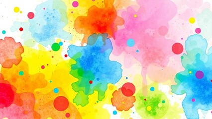Vibrant watercolor splash in rainbow colors with paint drops and abstract shapes, artistic background.