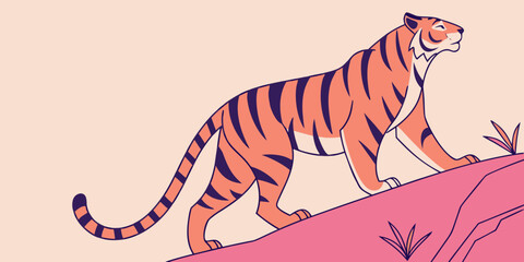 Vector illustration of tiger depicted separately on a plain pink backdrop.