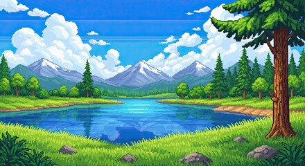 Vibrant Pixel Art Mountain Lake Landscape Scene