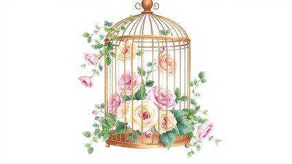 Romantic watercolor illustration of a vintage birdcage filled with blooming roses and green ivy vines.