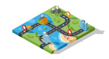 Isometric cartoon map with roads buildings and natural elements.