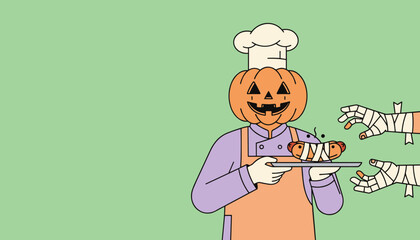 Jackolantern chef serves spooky Halloween mummy hot dogs to eager hands