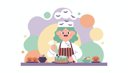 Smiling chef decorates Halloween cake with spiderweb design surrounded by festive candy and pumpkins