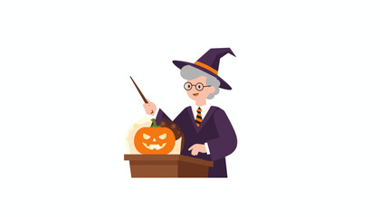 Obraz premium Magical Halloween teacherwizard with wand and glowing jackolantern at a podium