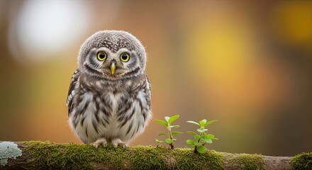 Adorable Little Owl Perched on a Mossy Branch in Autumn Forest