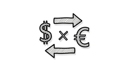 Hand-drawn Dollar and Euro Currency Exchange Symbols with Arrows.