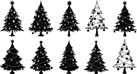 Christmas tree silhouettes, festive holiday decorations, black and white design, red ornaments, winter celebration, seasonal art, minimalist style, unique shapes