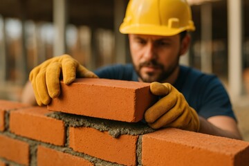 Construction worker laying brick wall at building site