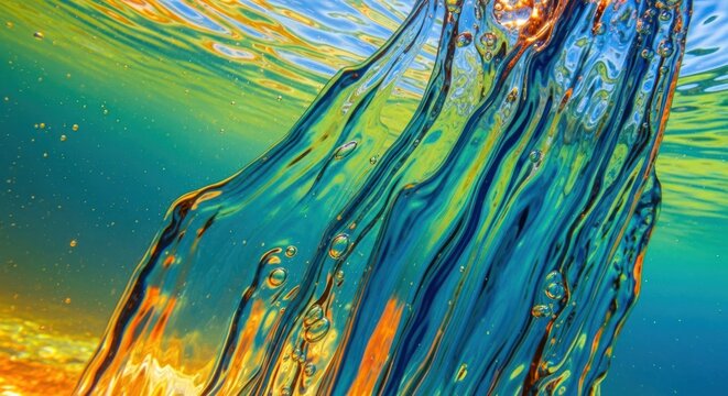 Underwater scene with vibrant colors and textures, including bubbles and a jellyfish.