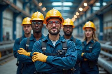 Multicultural Engineers or Maintenance Crew in Hard Hats and Overalls