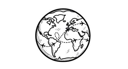 Hand-drawn Globe with Airplane Travel Routes Depicted.