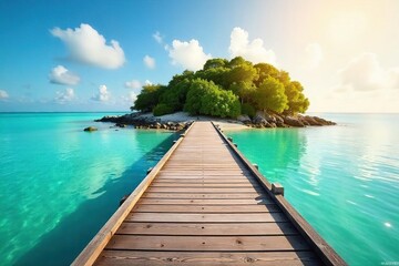 Serene Island Dock at Golden Hour Calm Turquoise Waters Beckon for Relaxation and Vacation Dreams. Ideal for travel brochures, websites, and social media.