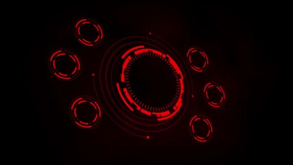 Red futuristic hud interface element with circular segments and glowing dots ,Glowing digital icons monitor cyber security, Radar scan animation tracks target connections . - Powered by Adobe