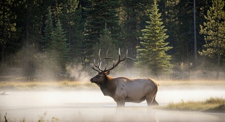 Majestic Elk Wades Through Misty Water Surrounded by Forest