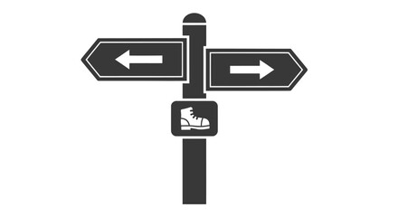 Black and white signpost with directional arrows and hiking boot icon for outdoor trails.