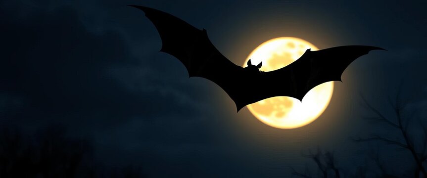 Spooky Halloween bat silhouette set against a moonlit night sky, collection, wings