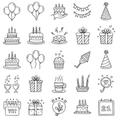 A Comprehensive Collection of Hand-Drawn Doodle Icons for Festive Birthday Parties and Celebrations